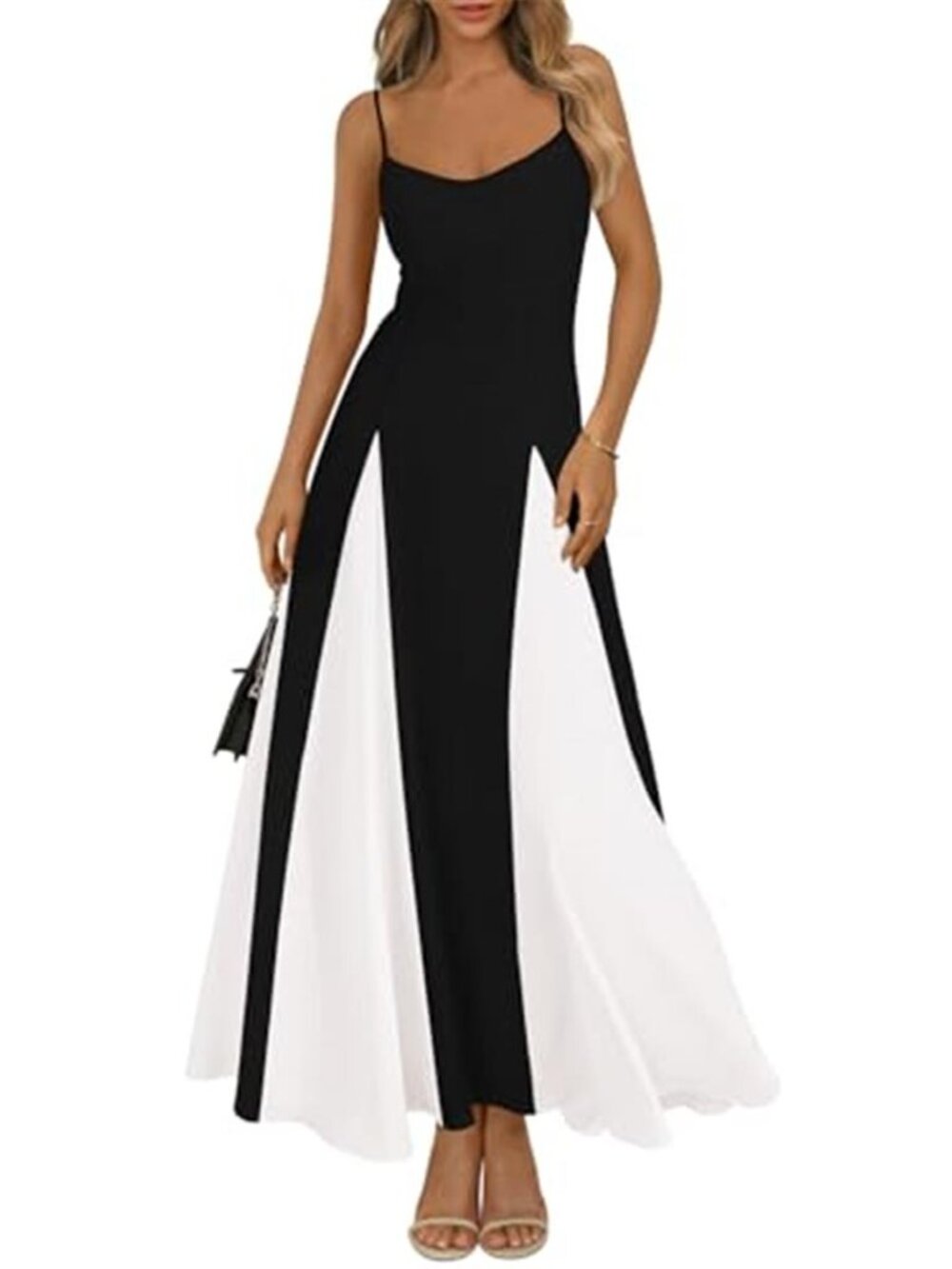 PRETTYGARDEN Color Block Maxi Dress Black White Spaghetti Strap Formal Gown